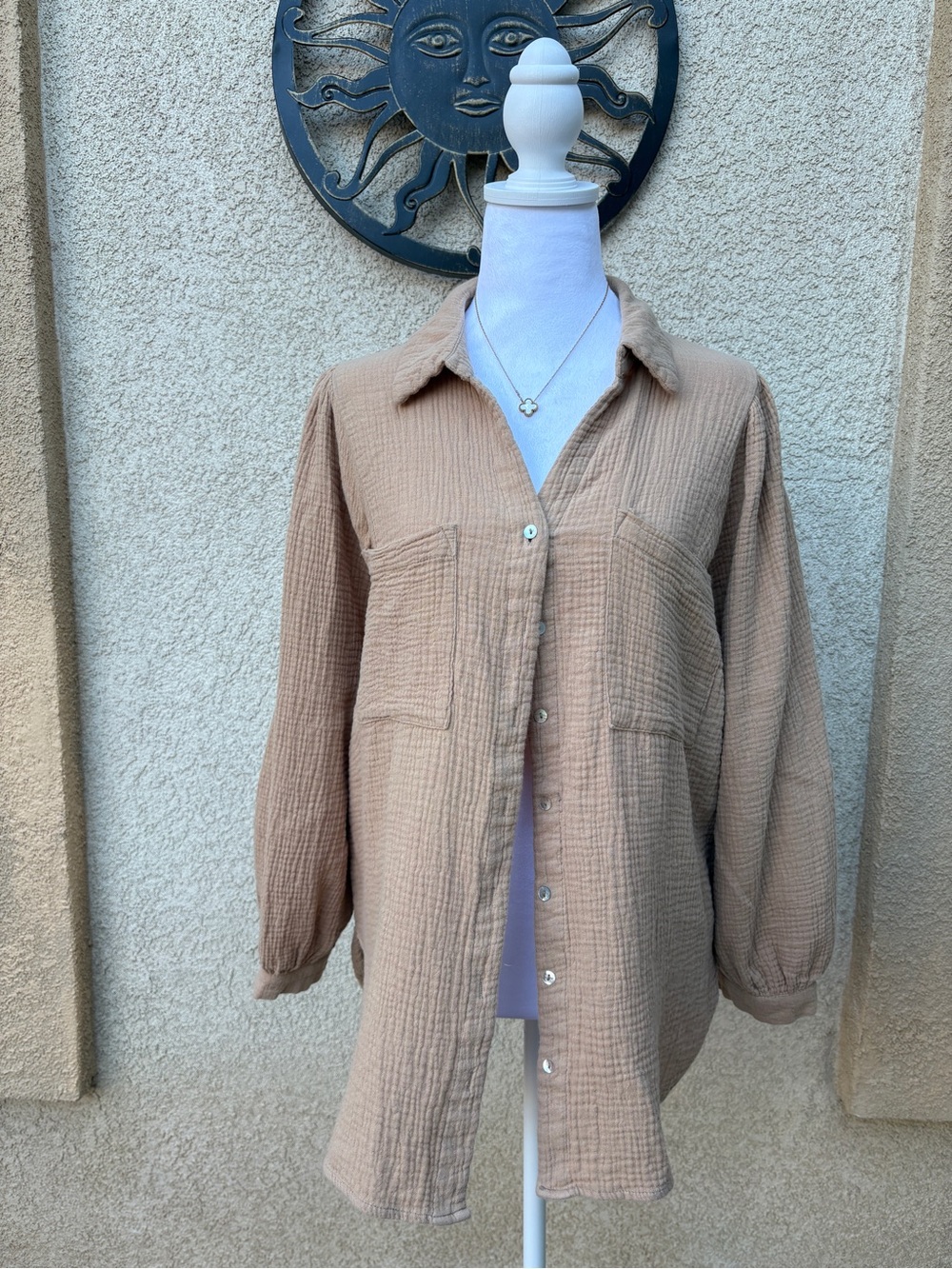Sweet Generis Light Tan Gauze Button-Up Shirt Bohemian Casual Layering